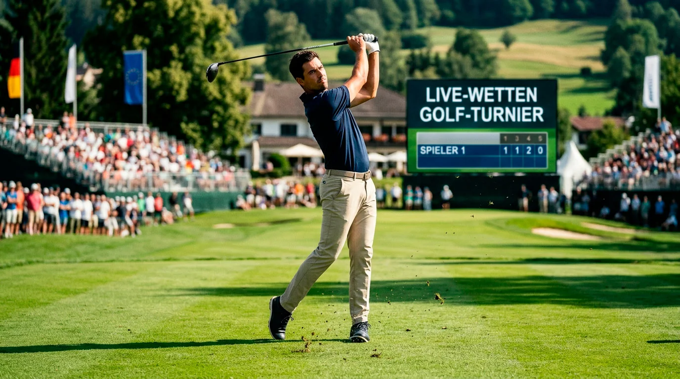 Golfer während eines Turniers mit Live-Wetten-Anzeigen im Hintergrund