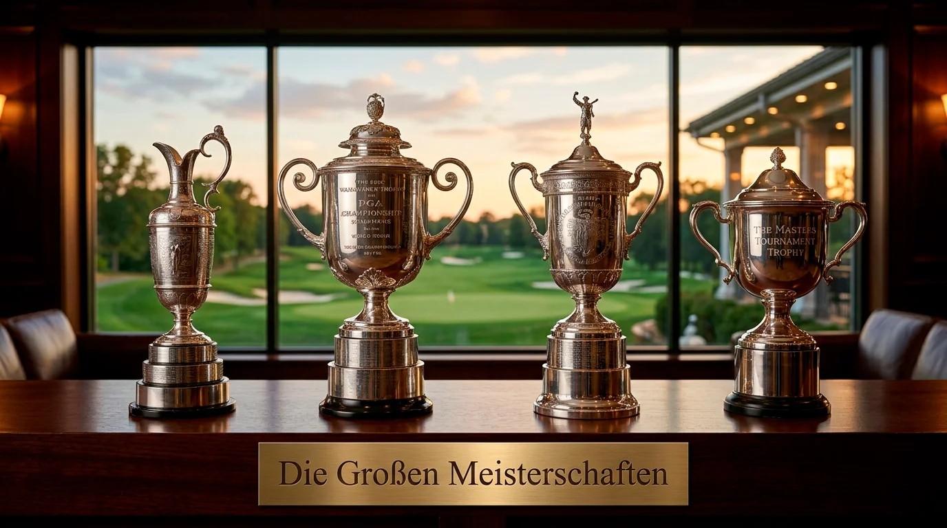 Symbolische Darstellung der vier Golf-Major-Trophäen