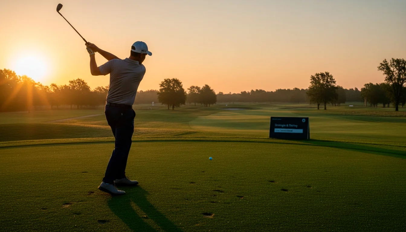 Golfspieler beim Abschlag im Morgenlicht - optimales Timing für Ante-Post-Wetten
