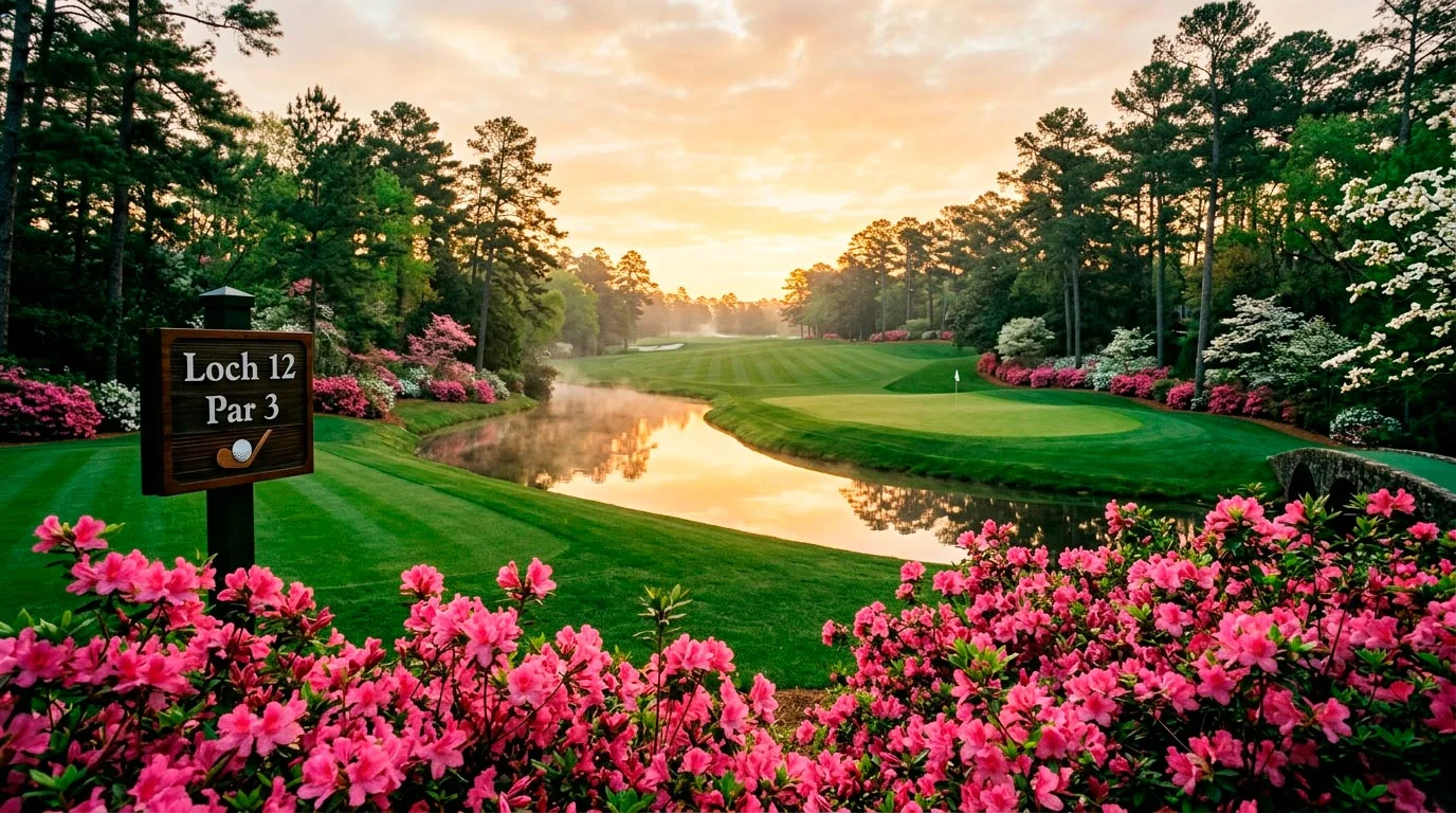 Augusta National Golf Course im Frühling mit blühenden Azaleen und dem ikonischen Amen Corner