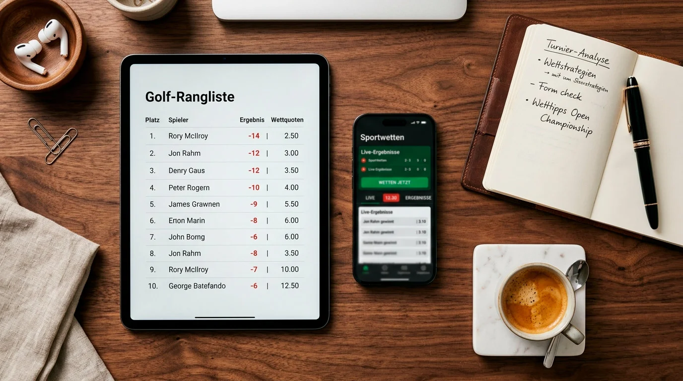 Verschiedene Golf-Wettarten beim Masters - Outright, Each-Way und Head-to-Head auf einem Tablet dargestellt