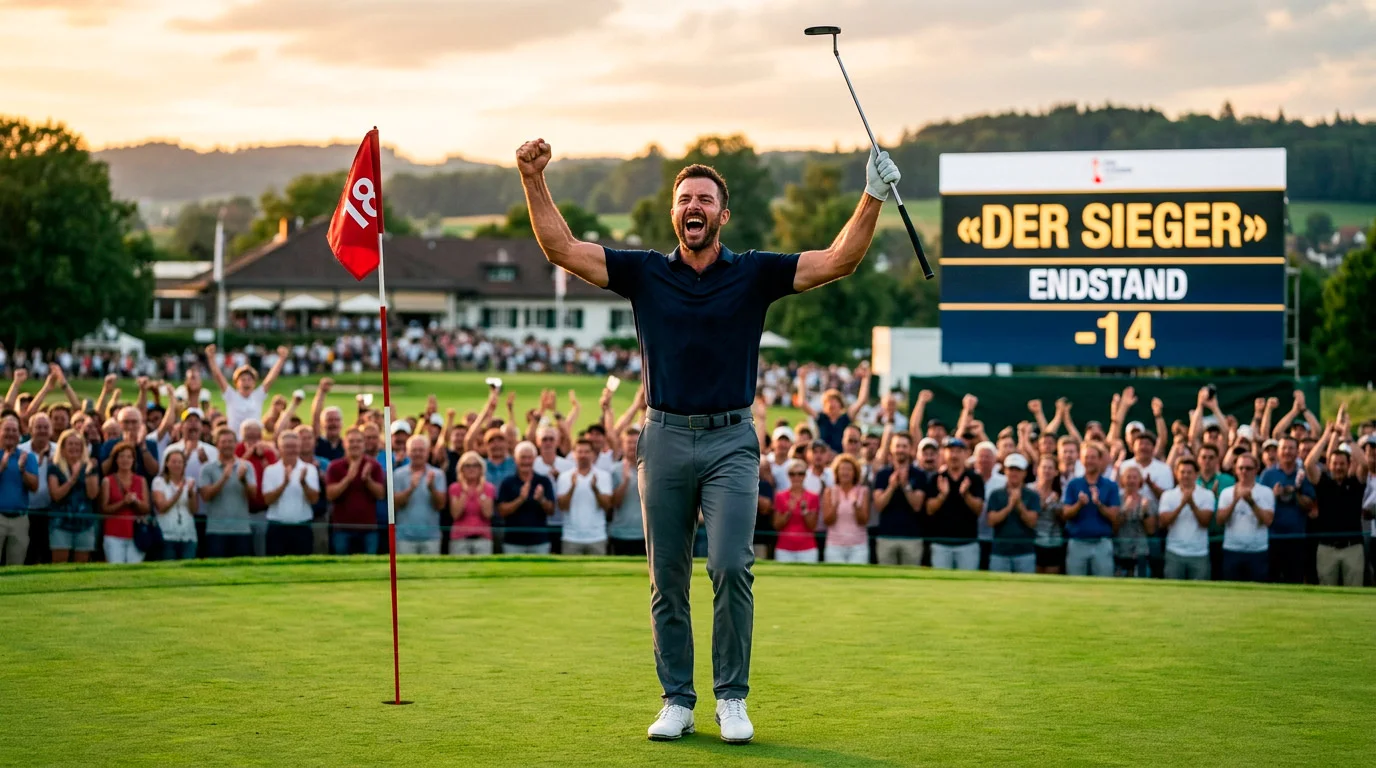 Golfer feiert emotionalen Turniersieg mit erhobenen Armen