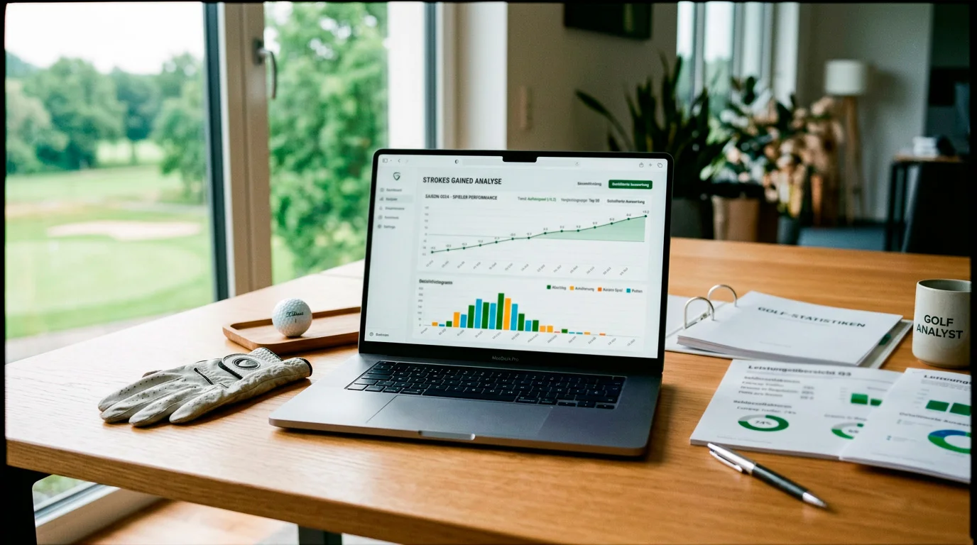Strokes Gained Statistik-Analyse mit Laptop und Golfausrüstung auf dem Schreibtisch