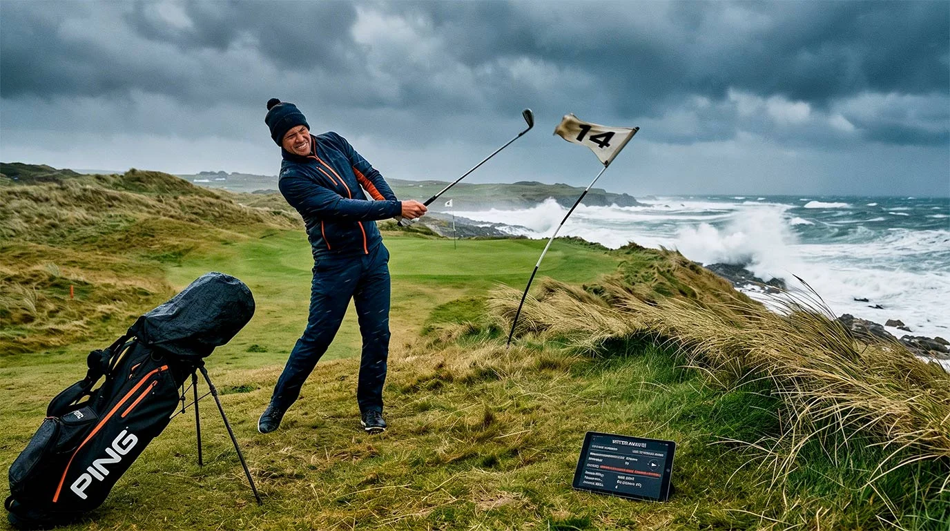 Golfer spielt bei windigem Wetter auf dem Küstenplatz